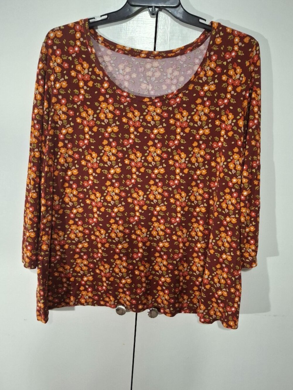Cato Brown Orange Floral Print Scoop Neck Long Sleeve Tunic Top Boho Fall - Picture 2 of 7